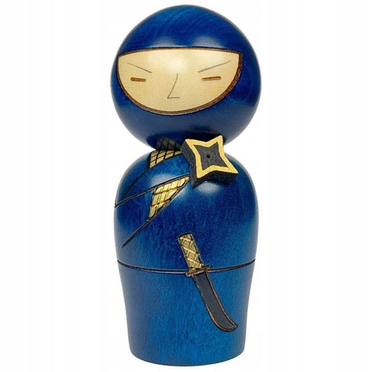Kokeshi japońska lalka drewniana wojownik ninja niebiesko złoty hand made
