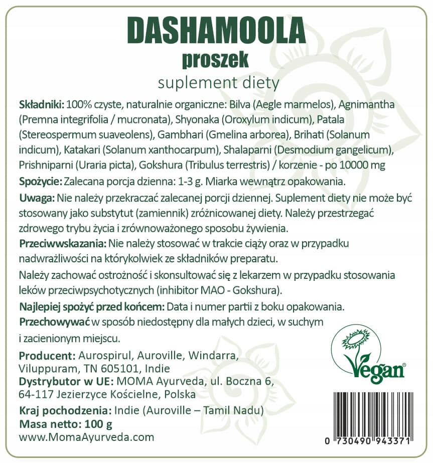 Dashamoola ajurwedyjska w proszku naturalna 10 korzeni na odporność 2x100g