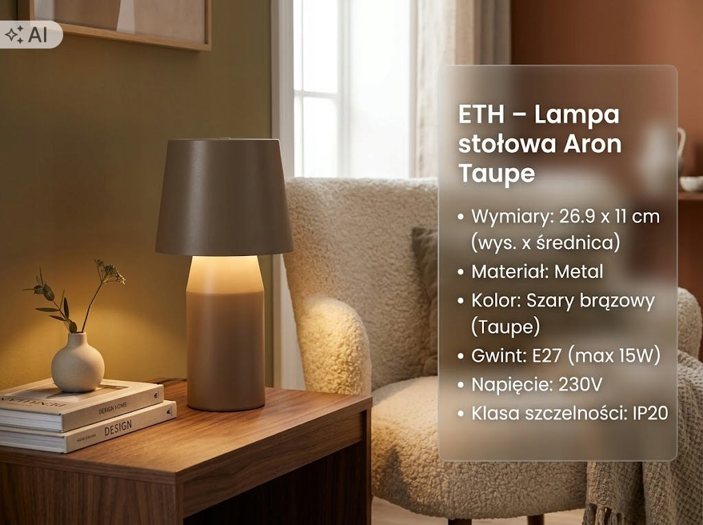Lampa nocna stołowa taupe metalowa brązowa designerska ściemnialna 15W