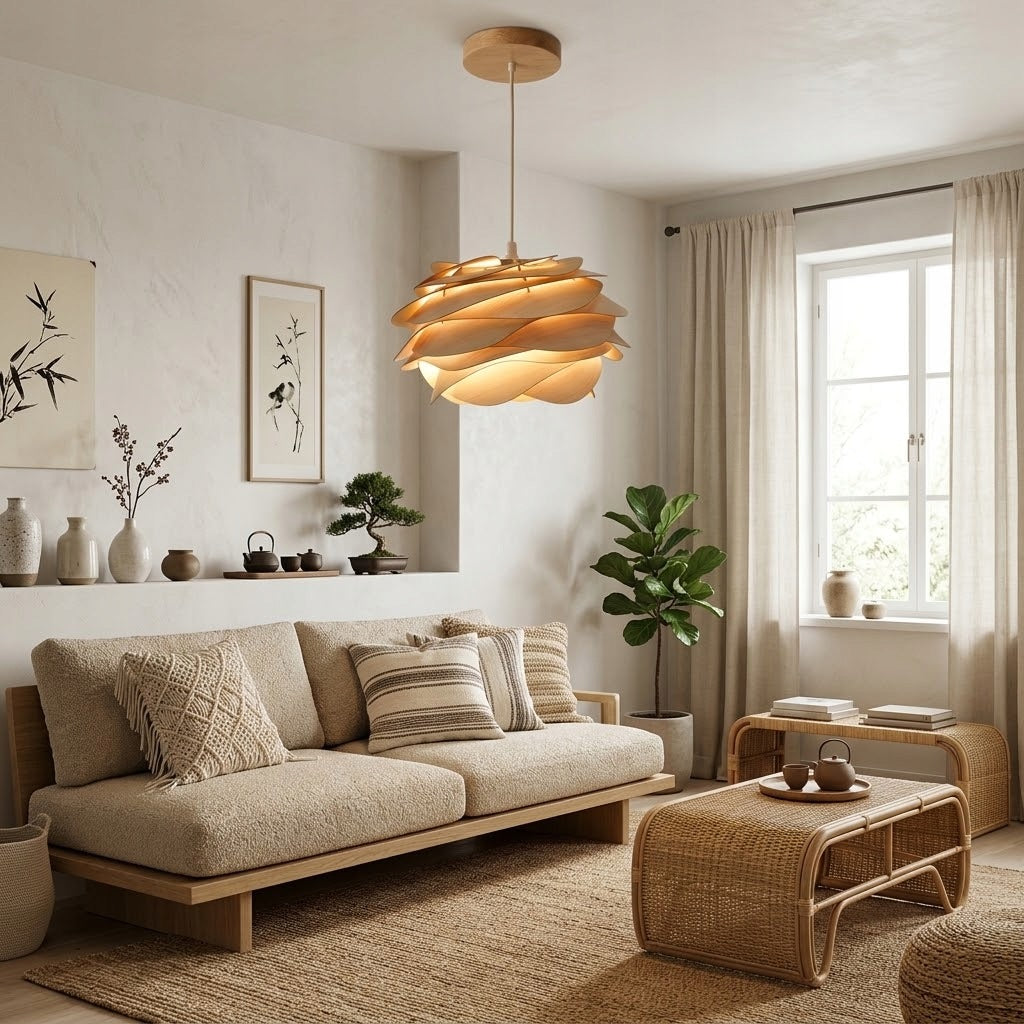 Żyrandol drewniany LED w kształcie płatka nowoczesny minimalistyczny design