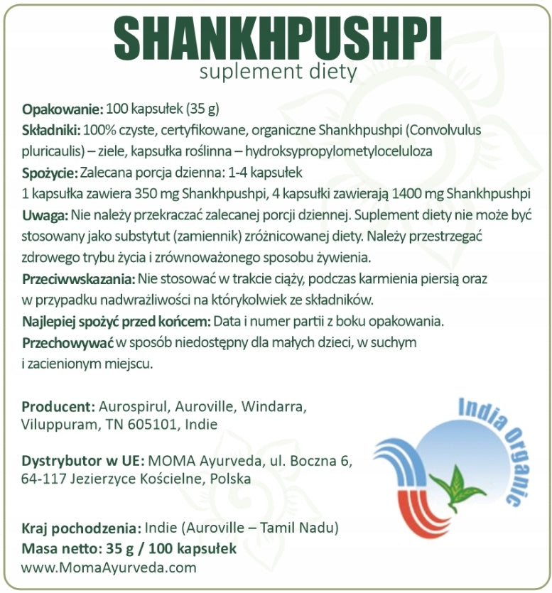 Shankhpushpi 200 kapsułki układ nerwowy pamięć Aurospirul
