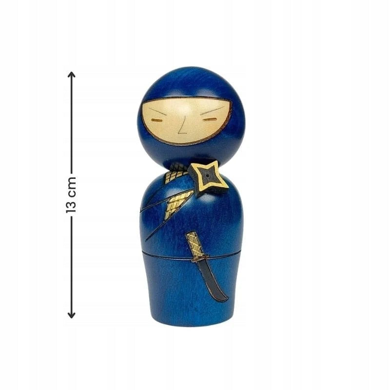 Kokeshi japońska lalka drewniana wojownik ninja niebiesko złoty hand made