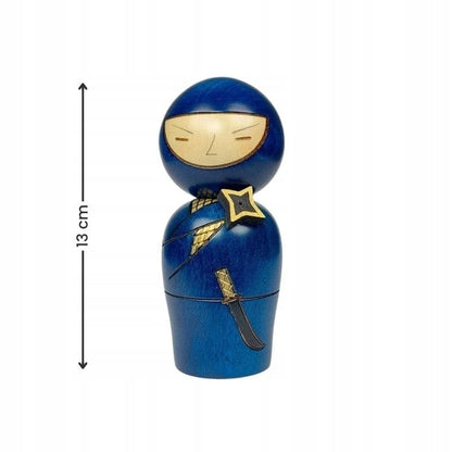 Kokeshi japońska lalka drewniana wojownik ninja niebiesko złoty hand made