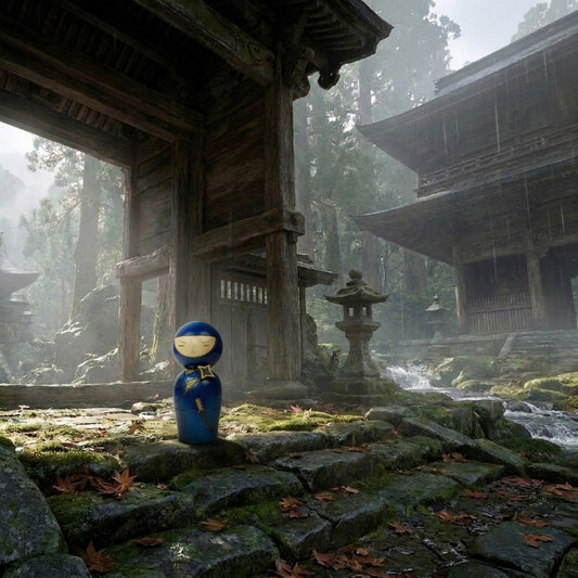 Kokeshi japońska lalka drewniana wojownik ninja niebiesko złoty hand made