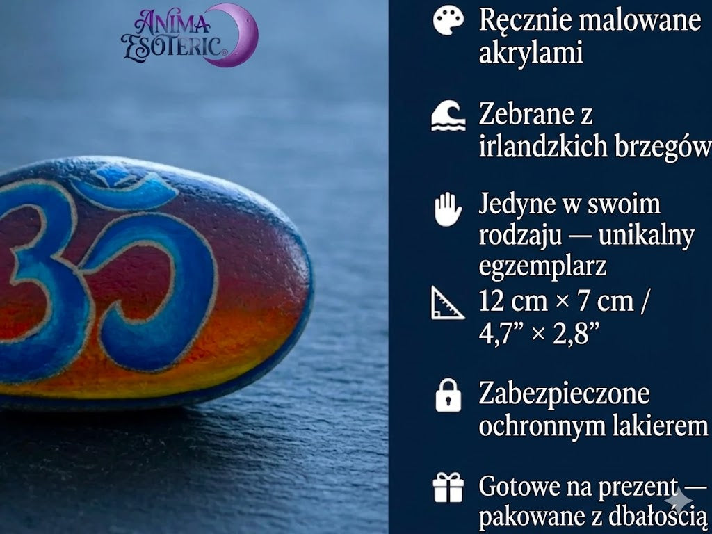 Ręcznie malowany kamień akrylowy symbol om - zbierany na irlandzkiej plaży, duchowy wystrój