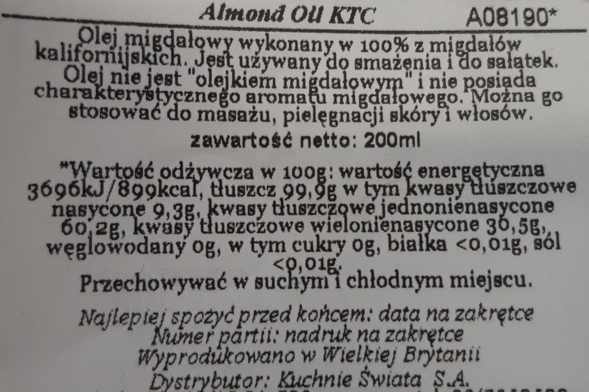 Olej migdałowy naturalny tłoczony na zimno ze słodkich migdałów 3x200 ml KTC