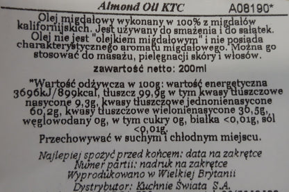 Olej migdałowy naturalny tłoczony na zimno ze słodkich migdałów 3x200 ml KTC