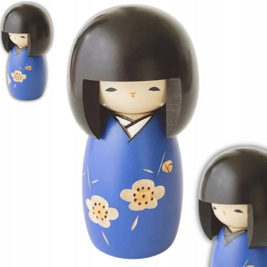 Lalka kokeshi drewniana ręcznie wykonana z japonii rękodzieło niebieska