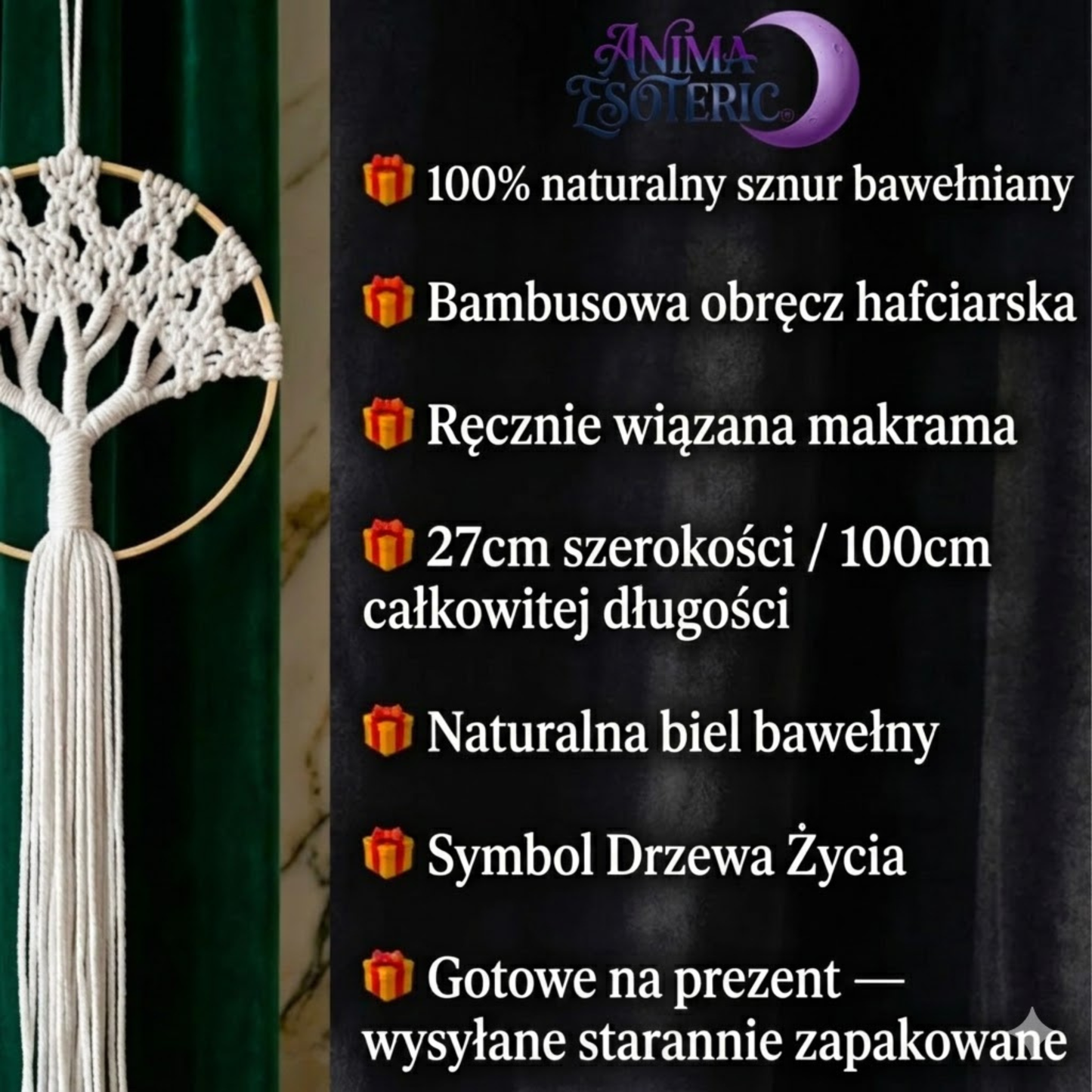 Łapacz Snów z makramy - ręcznie robiony biały z symbolem Drzewo Życia, wystrój wnętrz Boho